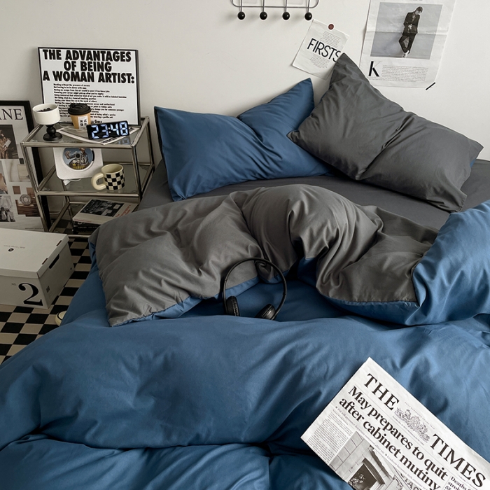 91家纺网 家纺一手货源 找家纺 2025新款日系简约无印风亲肤磨毛四件套学生三件套 宝蓝灰