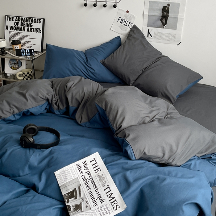 91家纺网 家纺一手货源 找家纺 2025新款日系简约无印风亲肤磨毛四件套学生三件套 宝蓝灰