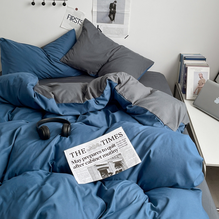 91家纺网 家纺一手货源 找家纺 2025新款日系简约无印风亲肤磨毛四件套学生三件套 宝蓝灰