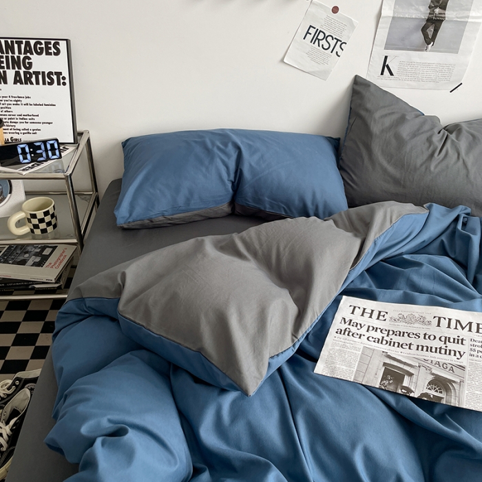 91家纺网 家纺一手货源 找家纺 2025新款日系简约无印风亲肤磨毛四件套学生三件套 宝蓝灰