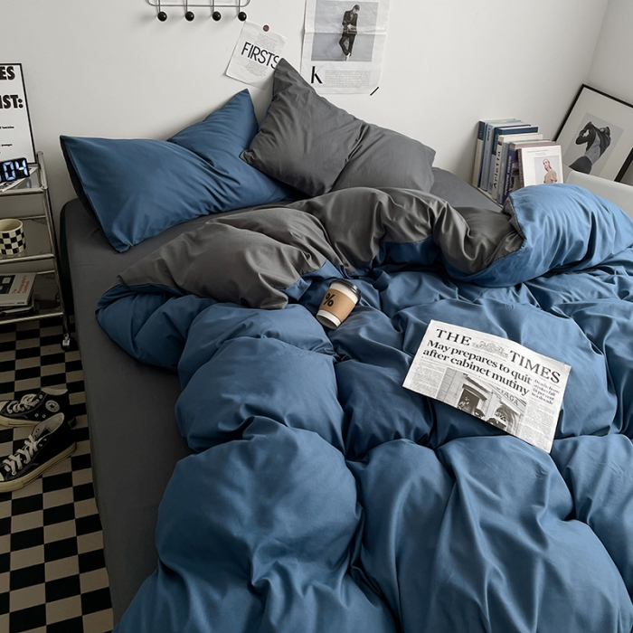 91家纺网 家纺一手货源 找家纺 2025新款日系简约无印风亲肤磨毛四件套学生三件套 宝蓝灰