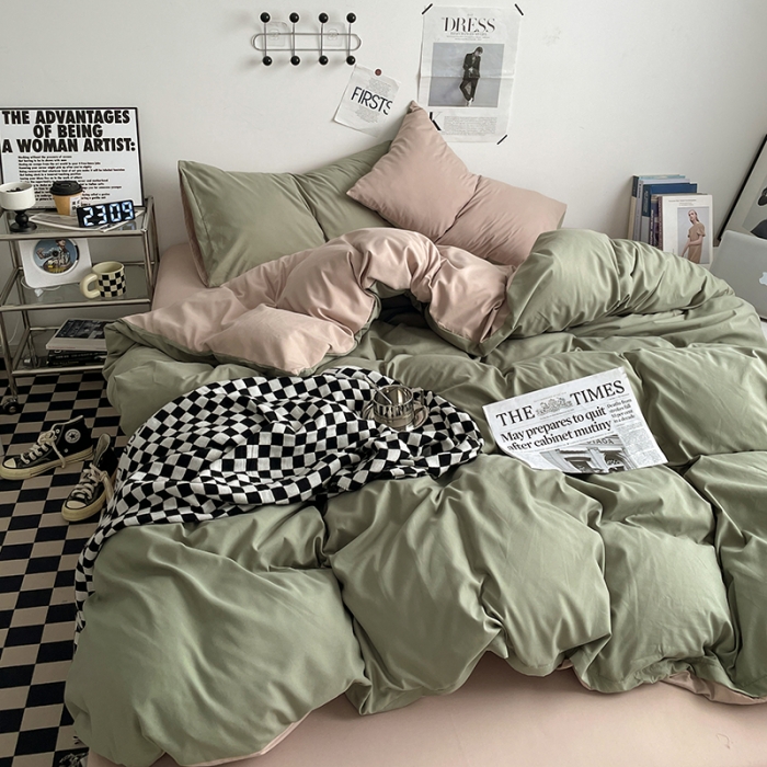 91家纺网 家纺一手货源 找家纺 2025新款日系简约无印风亲肤磨毛四件套学生三件套 抹茶卡其