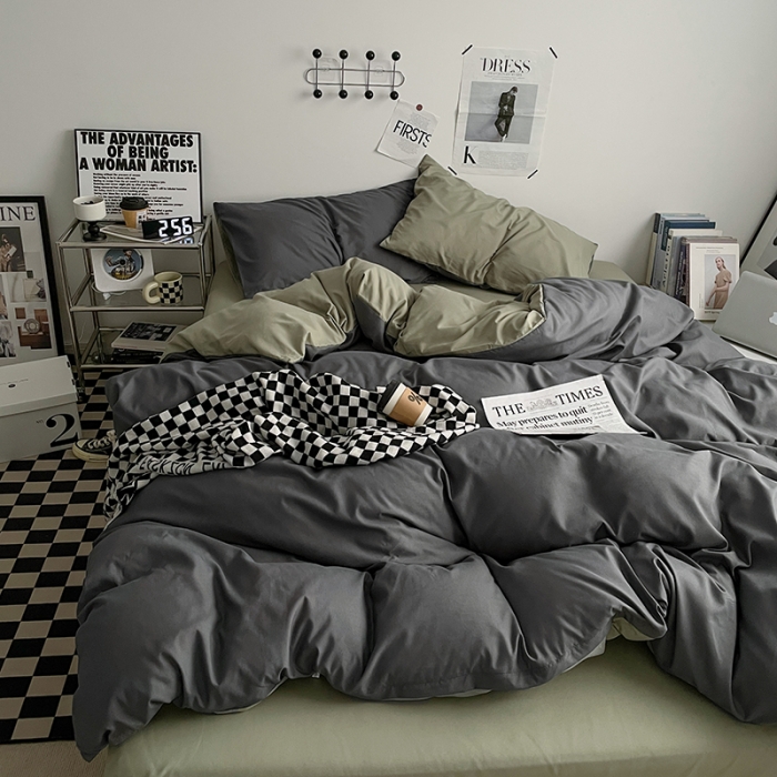 91家纺网 家纺一手货源 找家纺 2025新款日系简约无印风亲肤磨毛四件套学生三件套 抹茶深灰