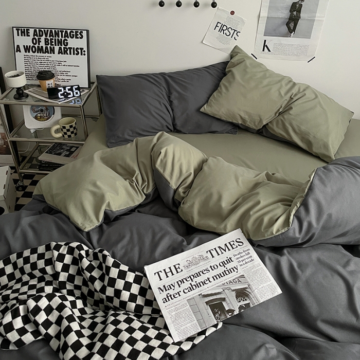 91家纺网 家纺一手货源 找家纺 2025新款日系简约无印风亲肤磨毛四件套学生三件套 抹茶深灰