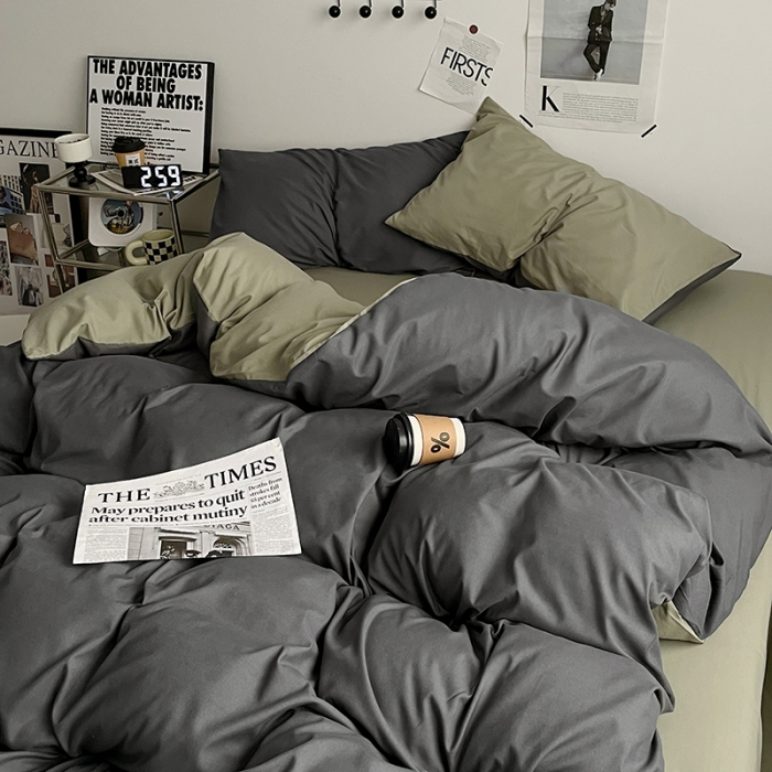 91家纺网 家纺一手货源 找家纺 2025新款日系简约无印风亲肤磨毛四件套学生三件套 抹茶深灰