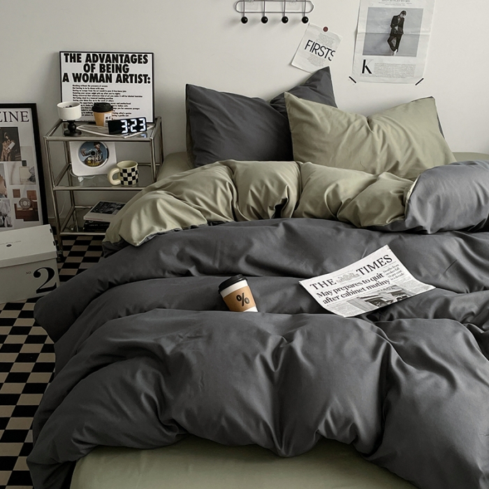 91家纺网 家纺一手货源 找家纺 2025新款日系简约无印风亲肤磨毛四件套学生三件套 抹茶深灰