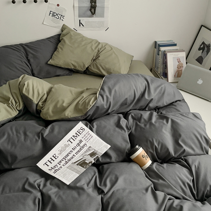 91家纺网 家纺一手货源 找家纺 2025新款日系简约无印风亲肤磨毛四件套学生三件套 抹茶深灰