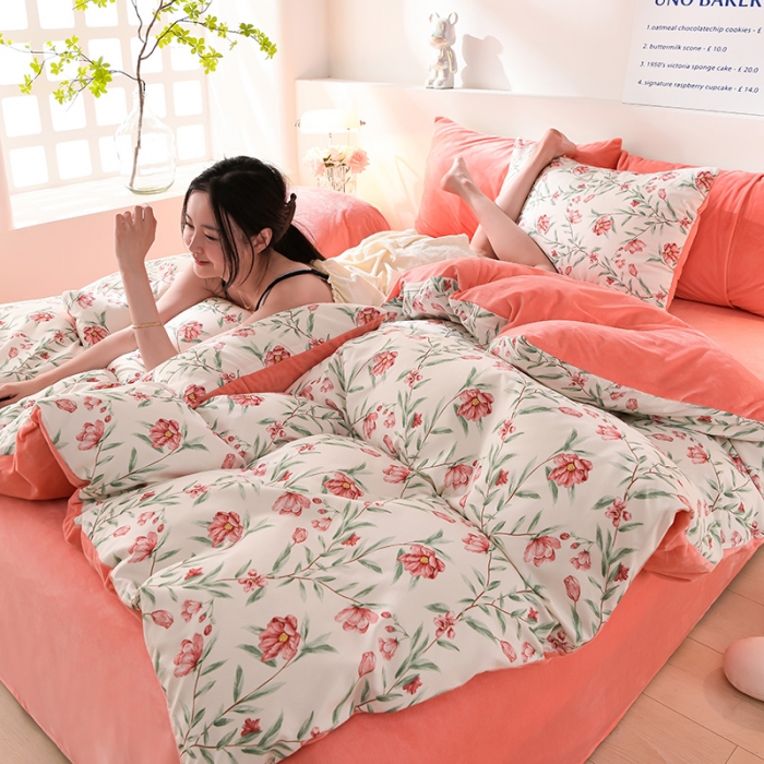 91家纺网 家纺一手货源 找家纺 圣楚 2024新款小竺棉加绒四件套 芳菲曼舞