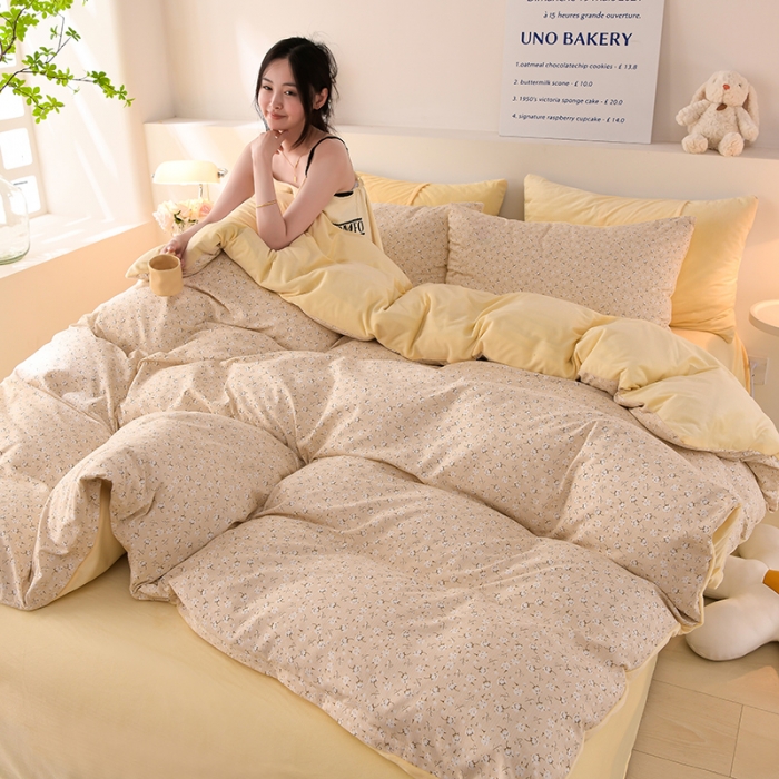 91家纺网 家纺一手货源 找家纺 圣楚 2024新款小竺棉加绒四件套 小睡棉黄