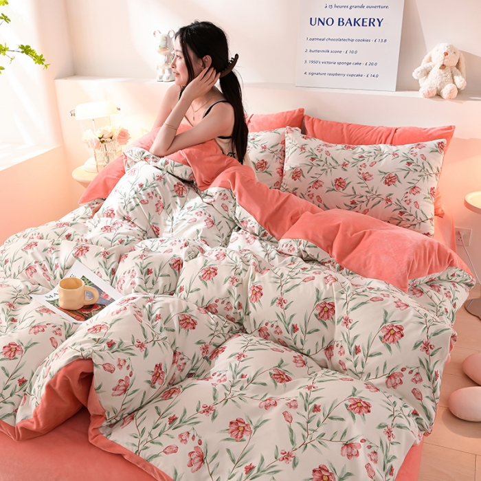 91家纺网 家纺一手货源 找家纺 圣楚 2024新款小竺棉加绒四件套 芳菲曼舞