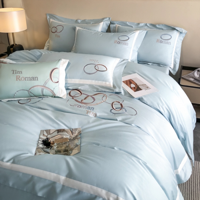 91家纺网 家纺一手货源 找家纺 魅都 2023新款100长绒棉简约轻奢刺绣四件套-科迪亚 科迪亚-天空蓝