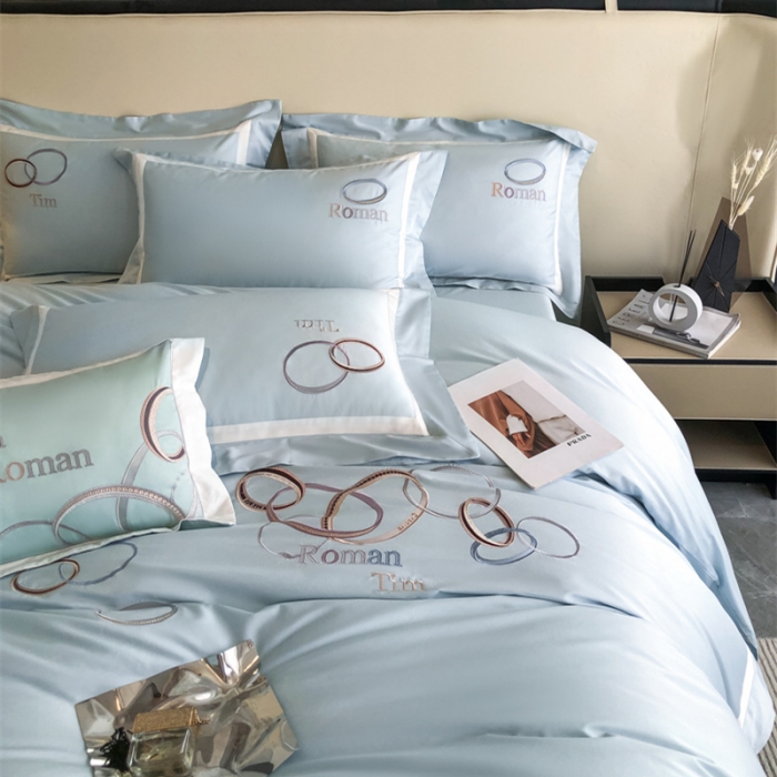 91家纺网 家纺一手货源 找家纺 魅都 2023新款100长绒棉简约轻奢刺绣四件套-科迪亚 科迪亚-天空蓝