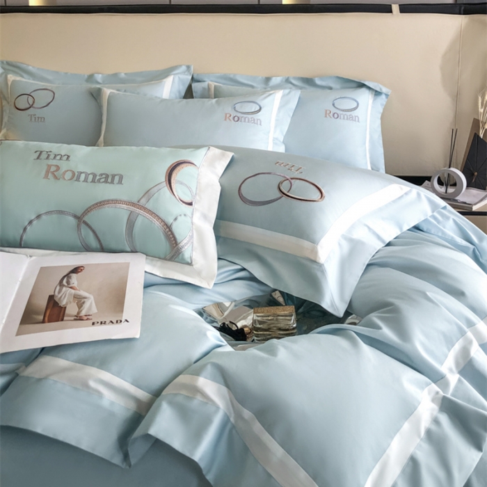 91家纺网 家纺一手货源 找家纺 魅都 2023新款100长绒棉简约轻奢刺绣四件套-科迪亚 科迪亚-天空蓝