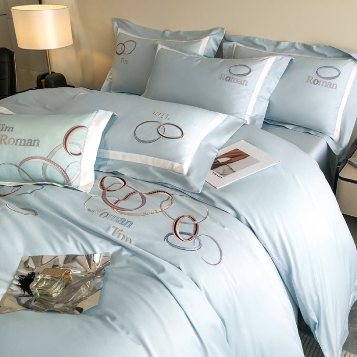 91家纺网 家纺一手货源 找家纺 魅都 2023新款100长绒棉简约轻奢刺绣四件套-科迪亚 科迪亚-天空蓝