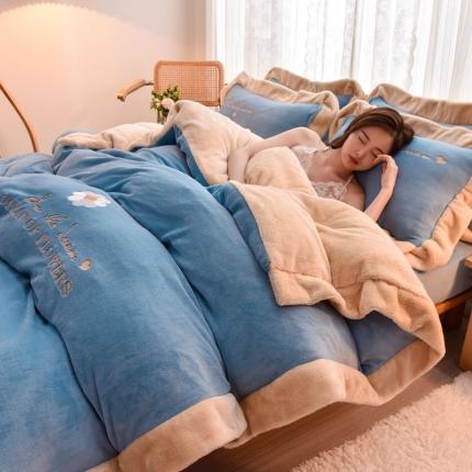 91家纺网 家纺一手货源 找家纺 笙意 新款牛奶绒刺绣四件套繁华系列 繁花-天蓝