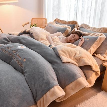 91家纺网 家纺一手货源 找家纺 笙意 新款牛奶绒刺绣四件套繁华系列 繁花-浅灰