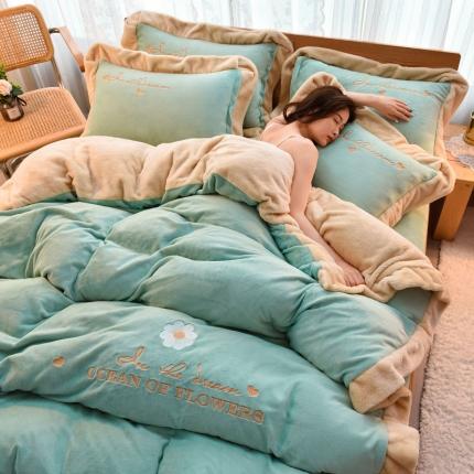 91家纺网 家纺一手货源 找家纺 笙意 新款牛奶绒刺绣四件套繁华系列 繁花-豆绿