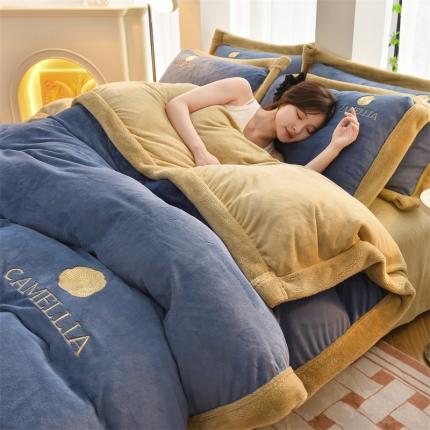 91家纺网 家纺一手货源 找家纺 笙意 新款加厚牛奶绒刺绣四件套-贝琳达系列贝琳达-宾利蓝+奶茶