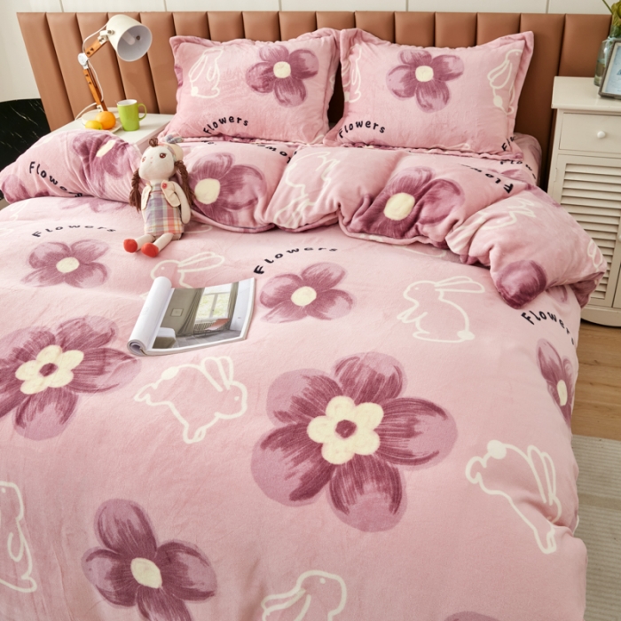 91家纺网 家纺一手货源 找家纺 乐居坊 2023新款高克重牛奶绒印花保暖四件套 吉祥兔