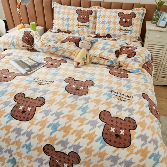 91家纺网 家纺一手货源 找家纺 乐居坊 2023新款高克重牛奶绒印花保暖四件套 潮流熊-可可