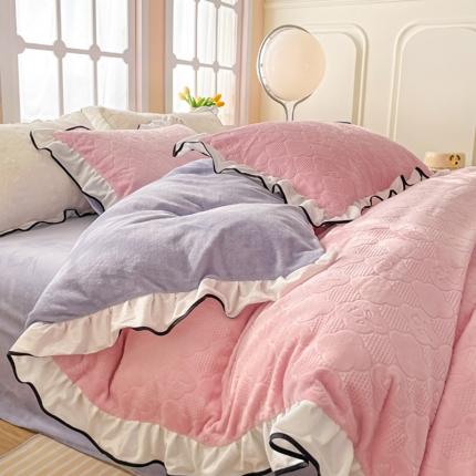 91家纺网 家纺一手货源 找家纺 （总）二八年华 2023新款纯色高克重加厚立体韩版牛奶绒雕花边四件套