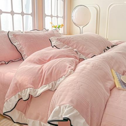 91家纺网 家纺一手货源 找家纺 （总）二八年华 2023新款纯色高克重加厚立体韩版牛奶绒雕花边四件套