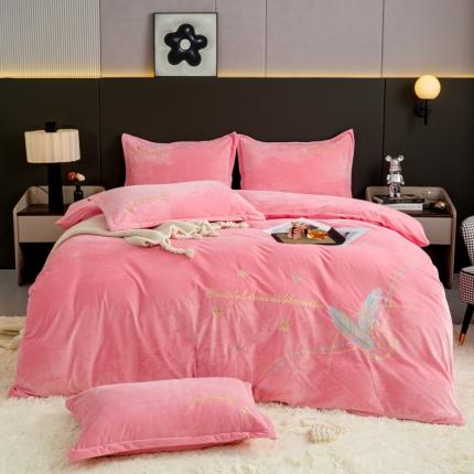 91家纺网 家纺一手货源 找家纺 易辰美 2023新款保暖婴儿绒刺绣四件套系列-轻羽 轻羽-浅粉