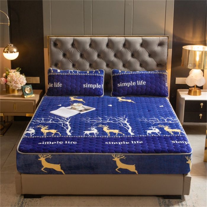 91家纺网 家纺一手货源 找家纺 梦舒羽牛奶绒抗静电夹棉床笠床罩床单床盖床护垫套宿舍三件套 麋鹿小树