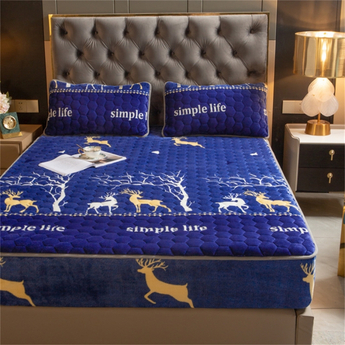 91家纺网 家纺一手货源 找家纺 梦舒羽牛奶绒抗静电夹棉床笠床罩床单床盖床护垫套宿舍三件套 麋鹿小树