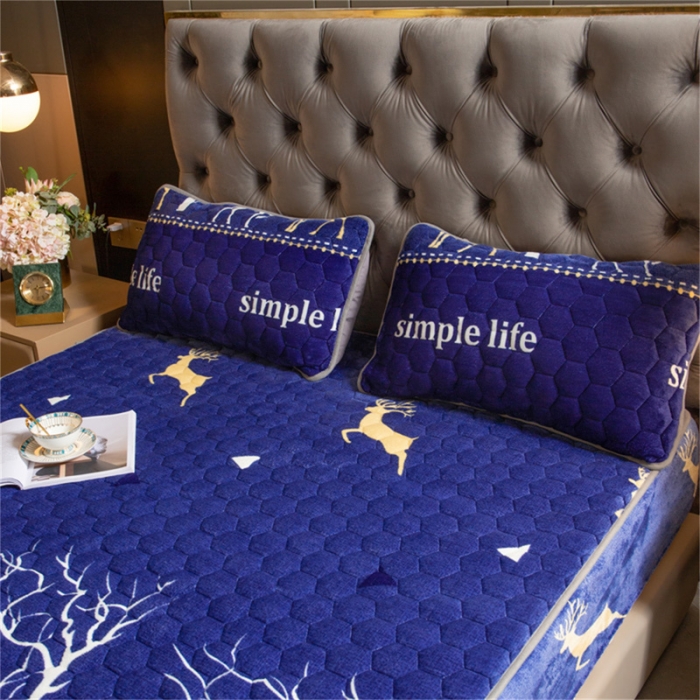 91家纺网 家纺一手货源 找家纺 梦舒羽牛奶绒抗静电夹棉床笠床罩床单床盖床护垫套宿舍三件套 麋鹿小树