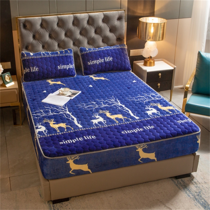 91家纺网 家纺一手货源 找家纺 梦舒羽牛奶绒抗静电夹棉床笠床罩床单床盖床护垫套宿舍三件套 麋鹿小树