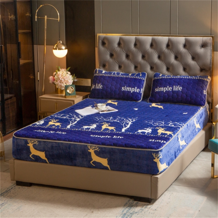 91家纺网 家纺一手货源 找家纺 梦舒羽牛奶绒抗静电夹棉床笠床罩床单床盖床护垫套宿舍三件套 麋鹿小树