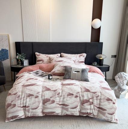 91家纺网 家纺一手货源 找家纺 印季 2024新款手工扎染剪花-兔毛绒四件套 剪花-豆沙