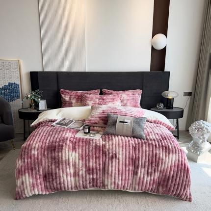 91家纺网 家纺一手货源 找家纺 印季 2024新款手工扎染剪花-兔毛绒四件套 条纹-豆沙