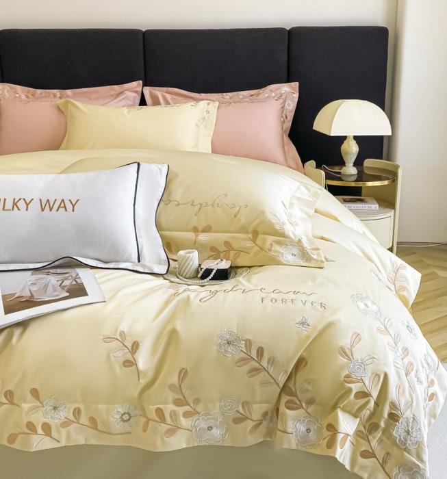 91家纺网 家纺一手货源 找家纺 星蕴 2023秋冬新款米兰全棉刺绣纯棉四件套 米黄色