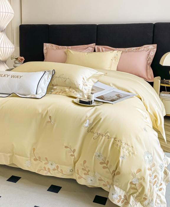 91家纺网 家纺一手货源 找家纺 星蕴 2023秋冬新款米兰全棉刺绣纯棉四件套 米黄色