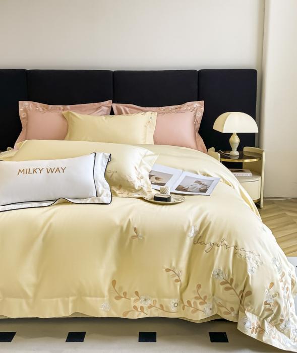 91家纺网 家纺一手货源 找家纺 星蕴 2023秋冬新款米兰全棉刺绣纯棉四件套 米黄色