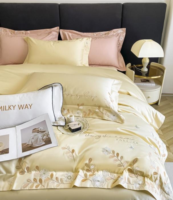 91家纺网 家纺一手货源 找家纺 星蕴 2023秋冬新款米兰全棉刺绣纯棉四件套 米黄色