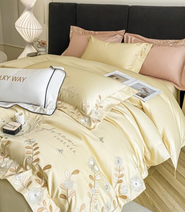 91家纺网 家纺一手货源 找家纺 星蕴 2023秋冬新款米兰全棉刺绣纯棉四件套 米黄色