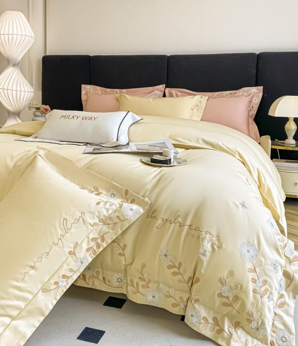 91家纺网 家纺一手货源 找家纺 星蕴 2023秋冬新款米兰全棉刺绣纯棉四件套 米黄色