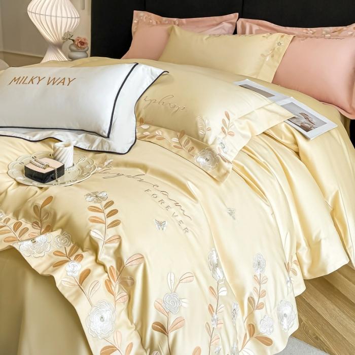 91家纺网 家纺一手货源 找家纺 星蕴 2023秋冬新款米兰全棉刺绣纯棉四件套 米黄色