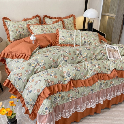 91家纺网 家纺一手货源 找家纺 A类母婴级双层纱水洗棉麻床盖款花边被套四件套蕾丝床裙款床盖款夹棉单被套