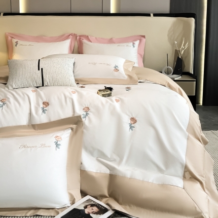 91家纺网 家纺一手货源 找家纺 星蕴2023秋冬新款高密全棉轻奢刺绣纯棉四件套 卡其色