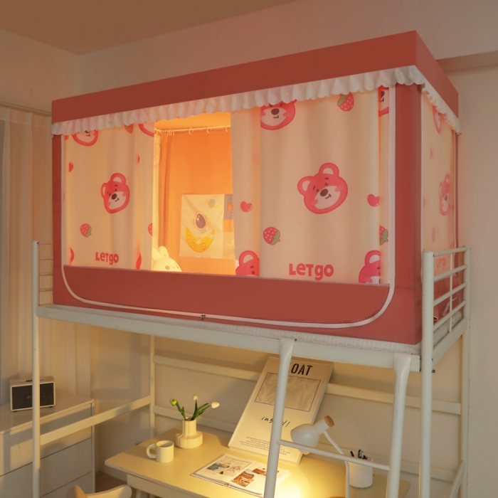 91家纺网 家纺一手货源 找家纺 迷仙巢 2023新款99％加厚遮光布涂银强遮光三开门学生蚊帐 可爱熊