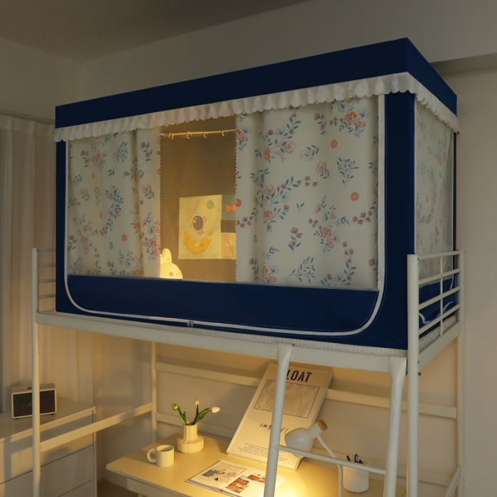 91家纺网 家纺一手货源 找家纺 迷仙巢 2023新款99％加厚遮光布涂银强遮光三开门学生蚊帐 田园-藏青