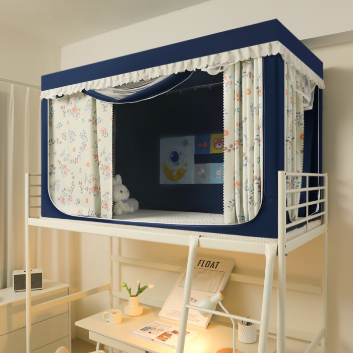 91家纺网 家纺一手货源 找家纺 迷仙巢 2023新款99％加厚遮光布涂银强遮光三开门学生蚊帐 田园-藏青