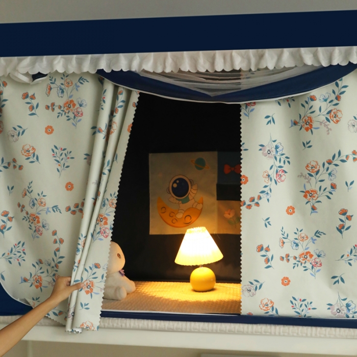 91家纺网 家纺一手货源 找家纺 迷仙巢 2023新款99％加厚遮光布涂银强遮光三开门学生蚊帐 田园-藏青