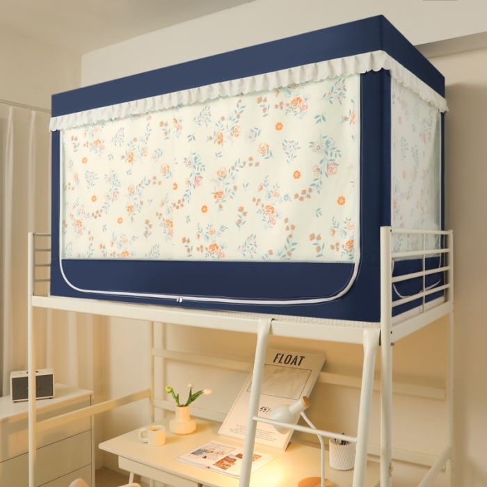 91家纺网 家纺一手货源 找家纺 迷仙巢 2023新款99％加厚遮光布涂银强遮光三开门学生蚊帐 田园-藏青