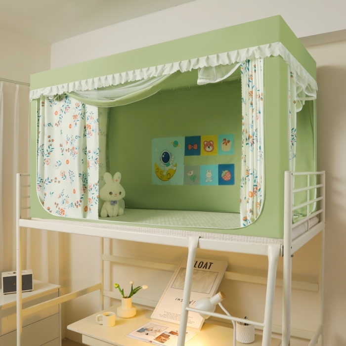 91家纺网 家纺一手货源 找家纺 迷仙巢 2023新款99％加厚遮光布涂银强遮光三开门学生蚊帐 田园-抹茶绿