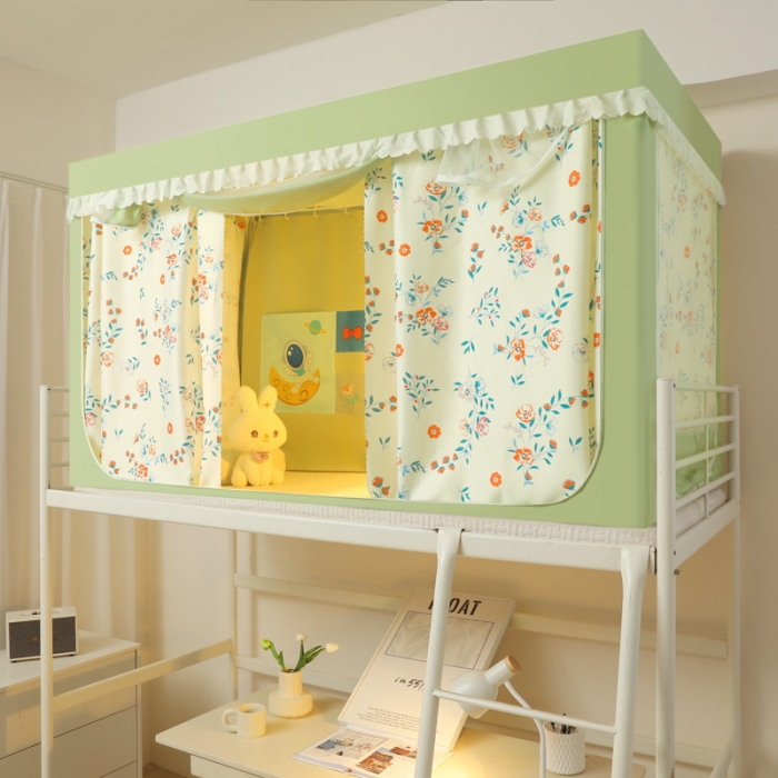 91家纺网 家纺一手货源 找家纺 迷仙巢 2023新款99％加厚遮光布涂银强遮光三开门学生蚊帐 田园-抹茶绿